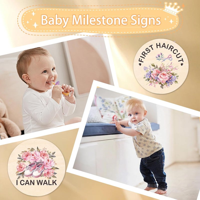 MCIAONE Baby Monthly Milestone Cards - 13pcs Wooden Double Sided Flower Monthly Milestone Signs, Birth Announcement Sign for Photo Props, 1-12 Months Newborn Milestones Cards, Baby Shower Party Gifts Marker - Image 2